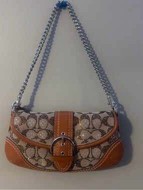 Coach Signature Canvas Shoulder Bag in Brown and Tan with Chain Strap